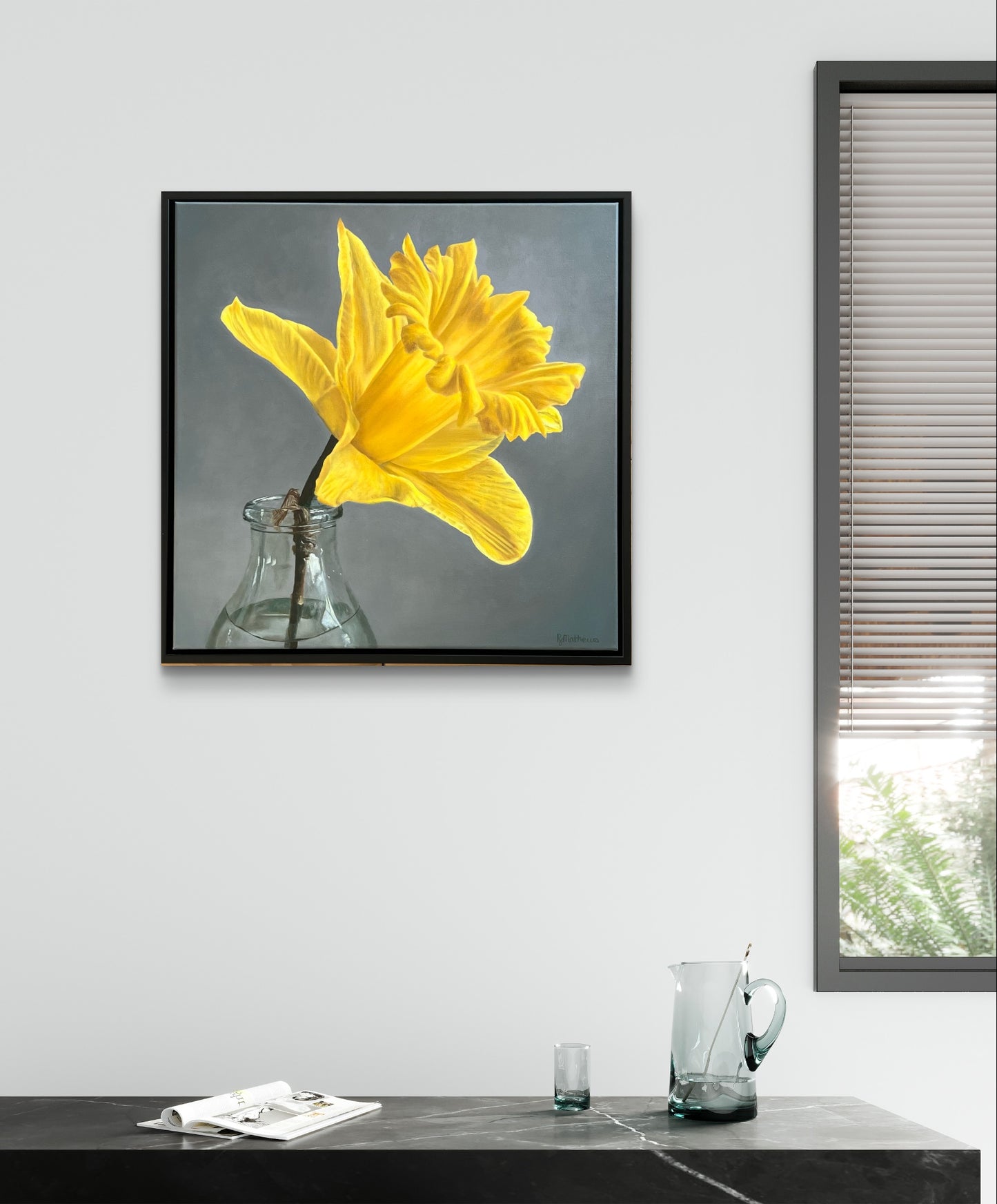 Thinking of You daffodil painting on wall in modern room – floral oil painting for home decor