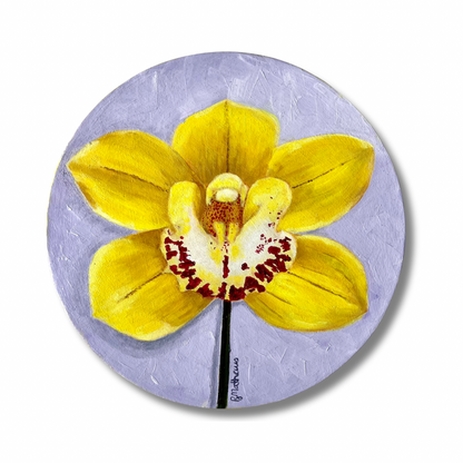 Yellow orchid flower on a purple circular background